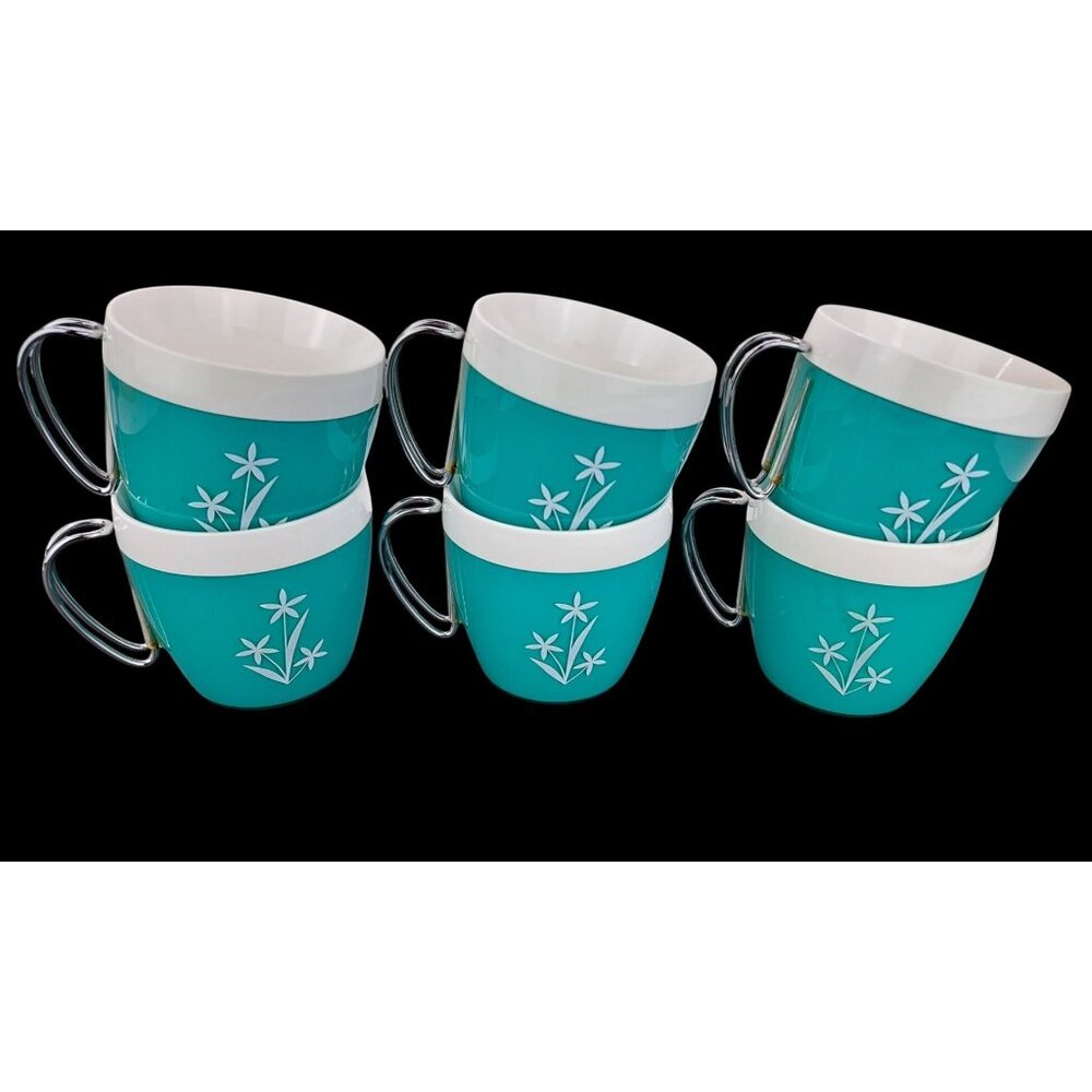 Vintage Mint Green Thermo Serv Mugs NFC White Floral Chrome Wire Handle MCM Teal
